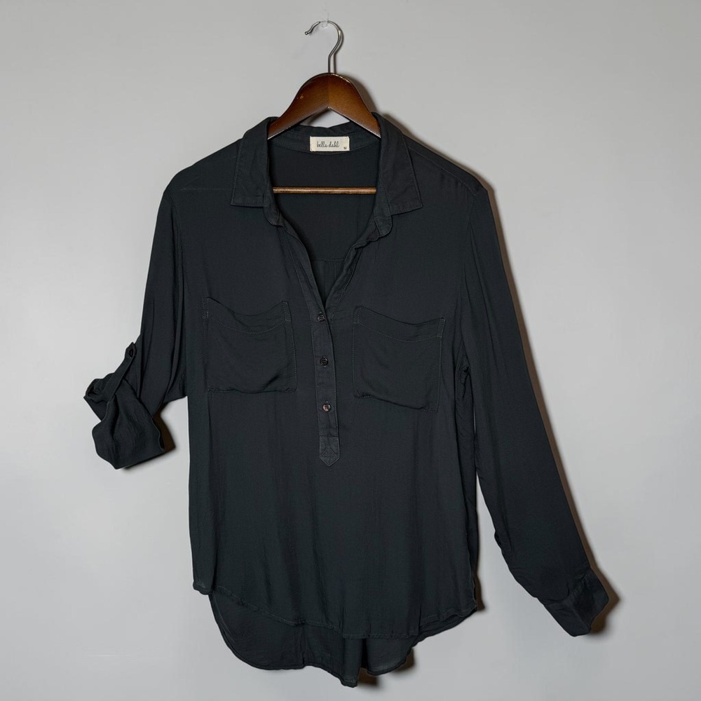 Bella Dahl Popover Shirt Gray Relaxed‎ Fit Roll Tab Sleeves size Medium